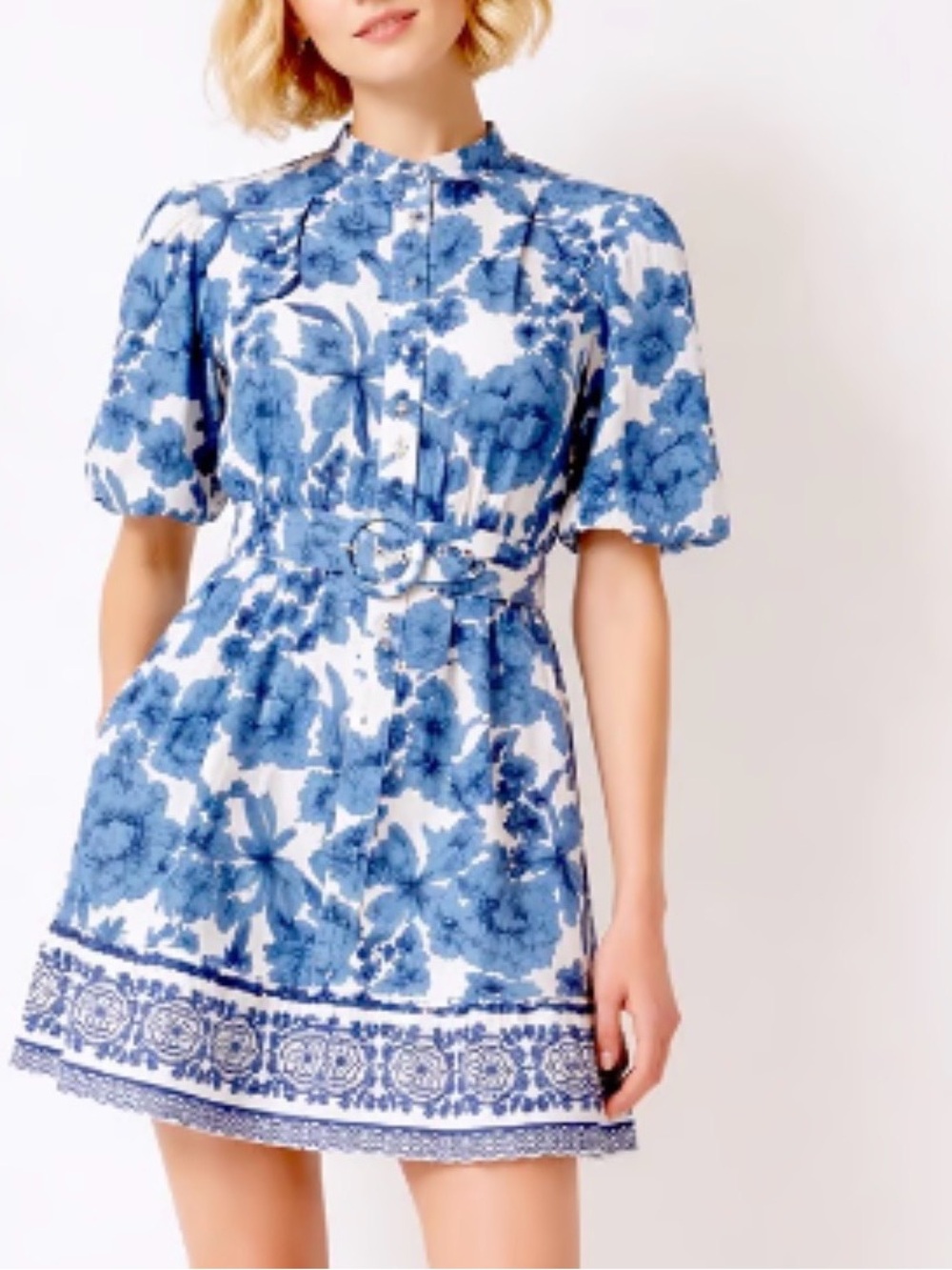 Joie White and Blue Floral Short Sleeve Mini Dress Cotton Size 12